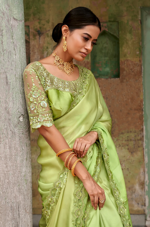 Green Wedding Party Satin Saree In Embroidery Work SFSADK3573 - Siya Fashions