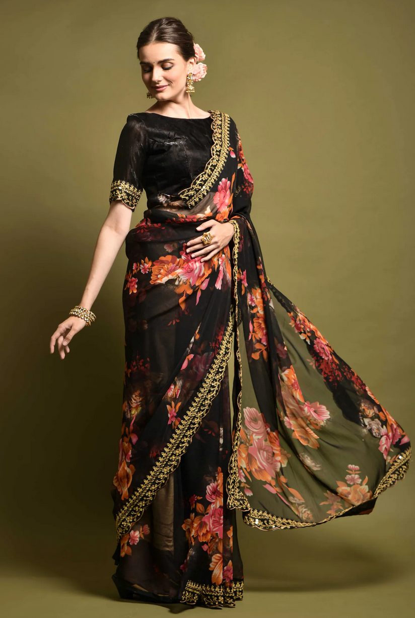Black Floral Print Crepe Saree with Sequin Border and Blouse – Glitter Gleam