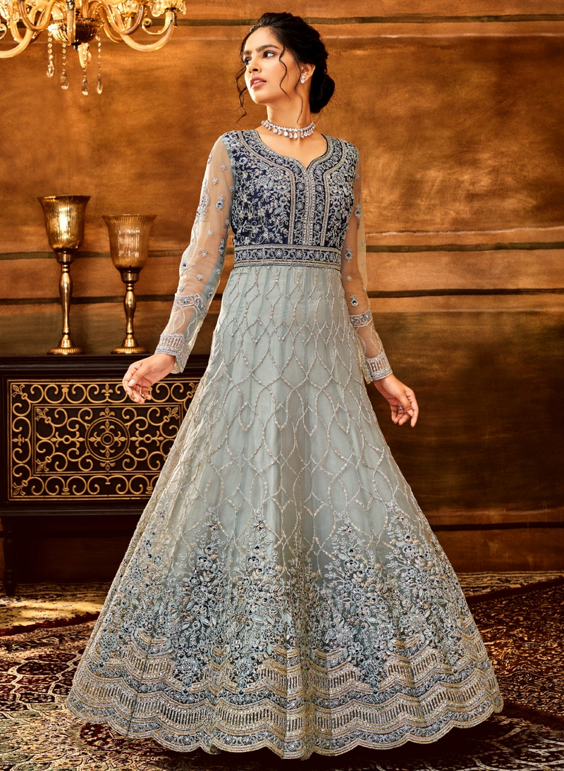 Grey Indian Bridal Anarkali Wedding Gown In Net SFZ127851 – Siya Fashions