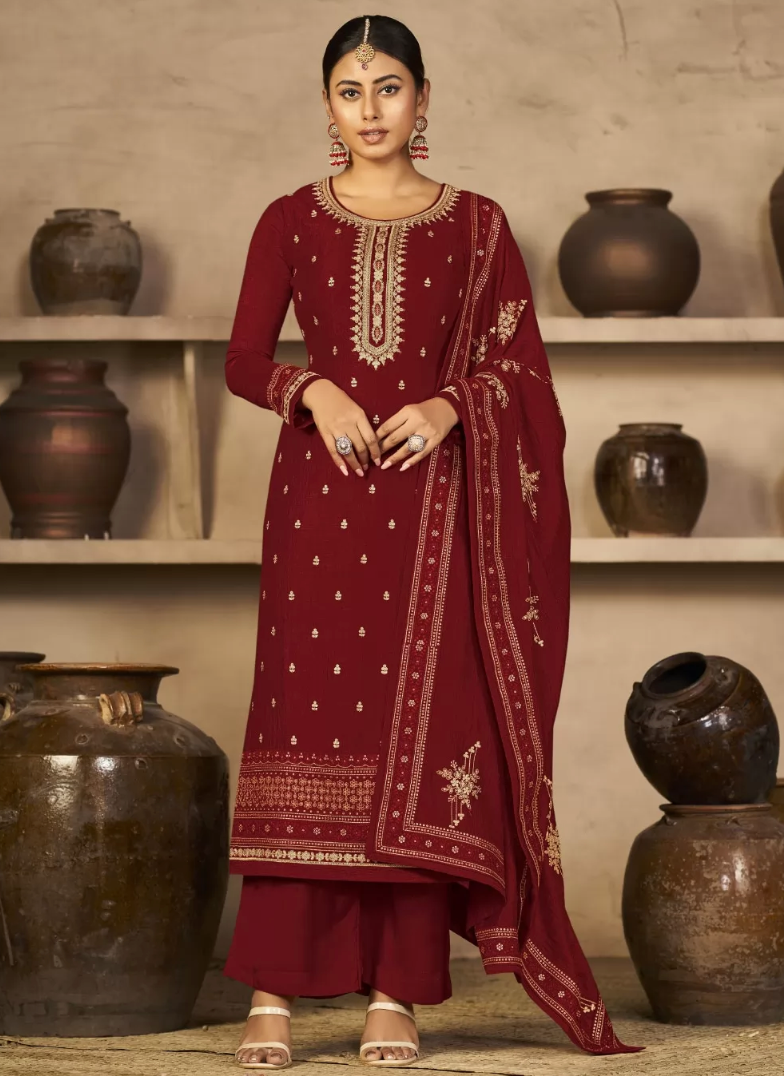 Maroon Indian Palazzo Salwar Kameez Suit In Silk SFZ129318