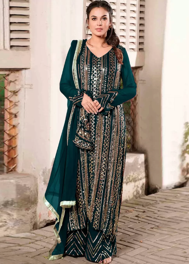 Green Georgette Indian Pakistani Palazzo Salwar Kameez SFZ128245