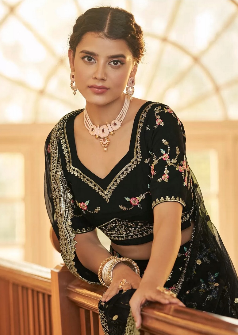 Buy Lehenga Style Embroidered Bollywood Net Black Sarees Online @ Best  Price In India | Flipkart.com