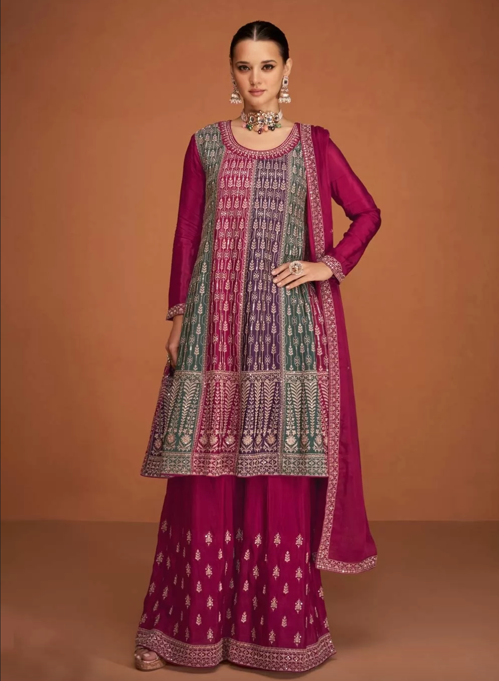 Pink Indian Pakistani Wedding Palazzo Suit In Chinon SFZ133154