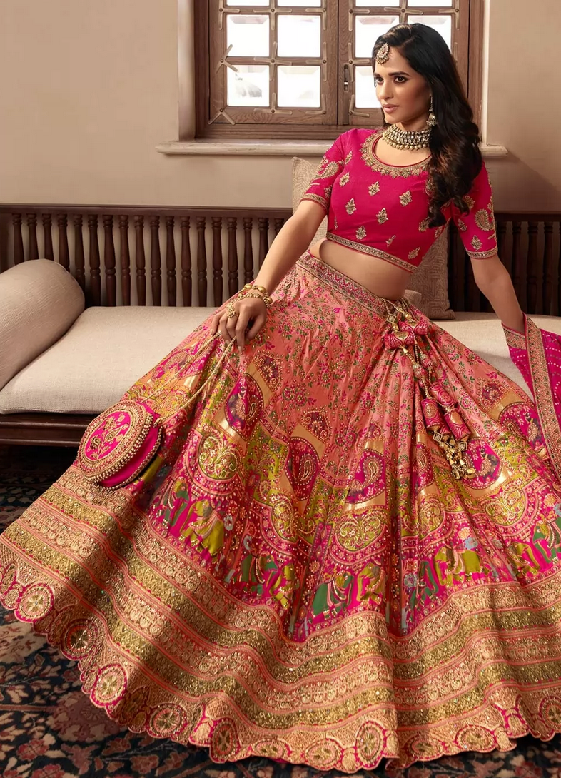 Punch Pink Silk Bridal Lehenga Choli with Heavy Thread Embroidery and –  Ethnos