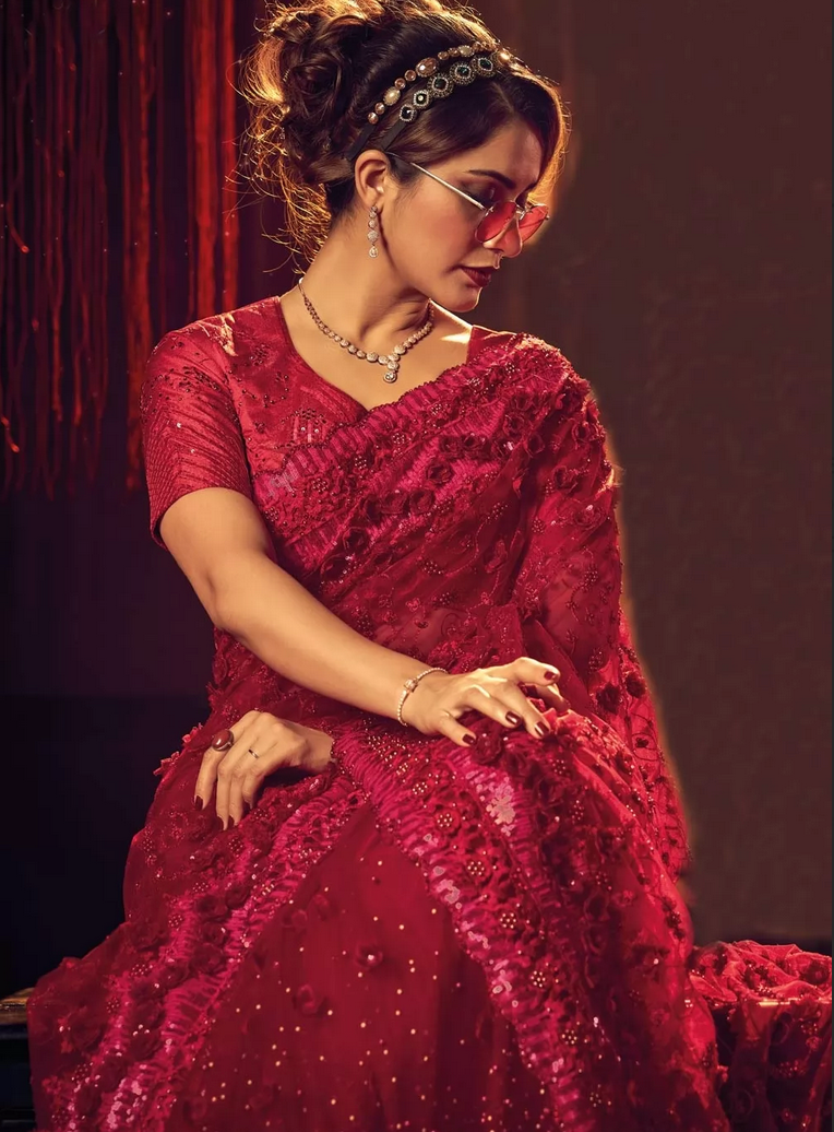 Dazzling Red Georgette Bridal saree - sr15085