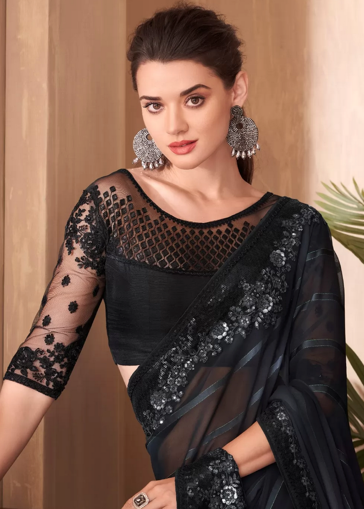 Black Shimmer Wedding Party Evening Saree SFZ 131188 – Siya Fashions