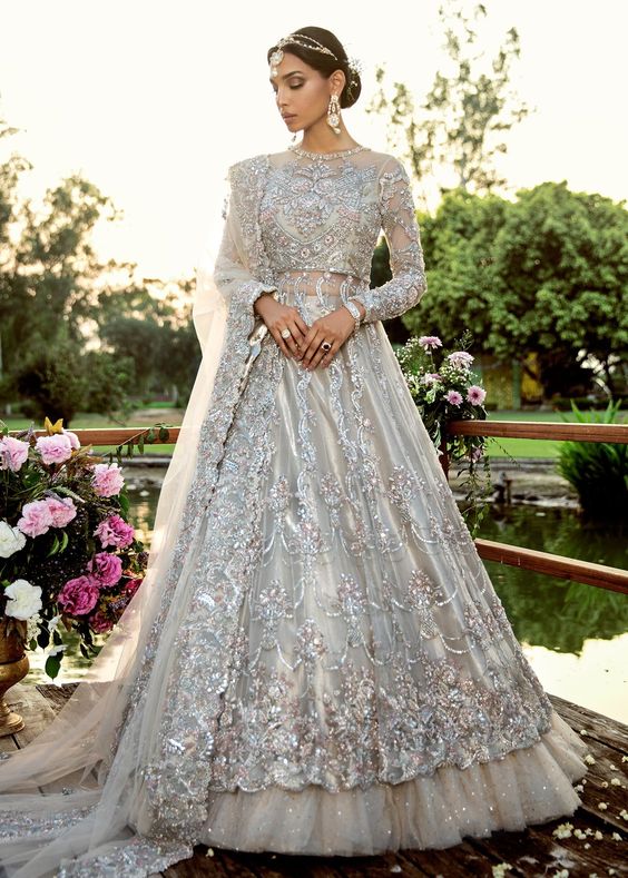 Silver Walima Pakistani Wedding Maxi Long Lehenga SIYABRIDA436 – Siya  Fashions