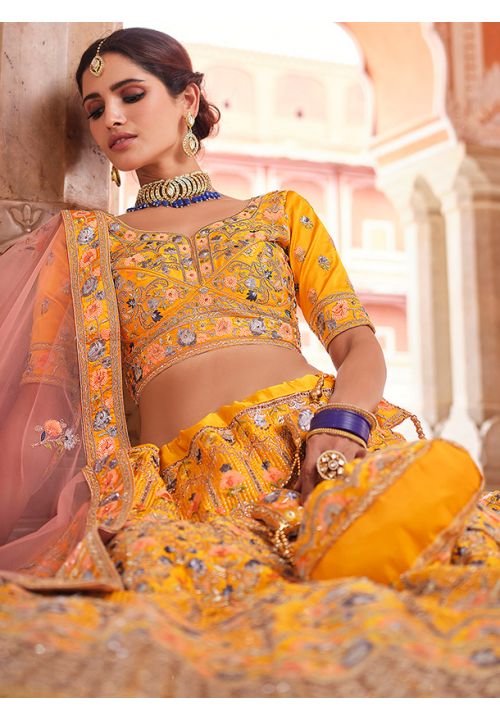 Amber Yellow Embroidered Bridal Lehenga In Raw Silk With Floral Hand E –  paanericlothing