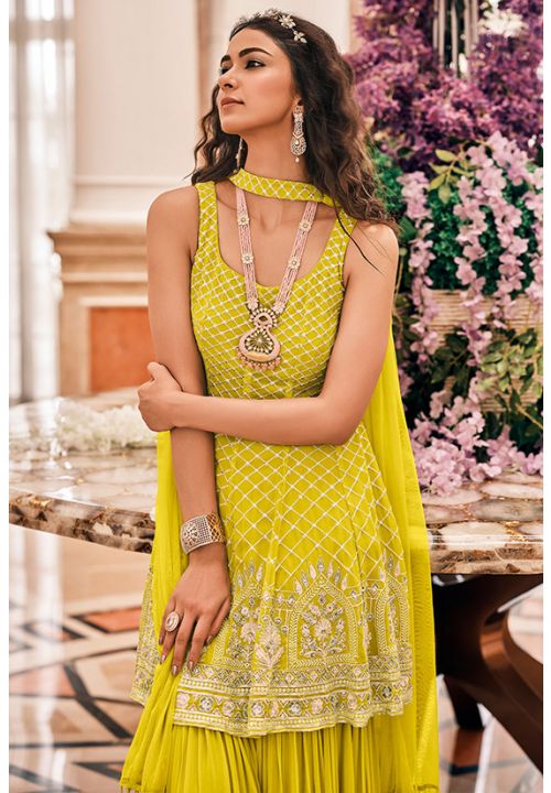 Sunshine Yellow Ombré Lehenga Set with Embroidered Blouse and Sequin Work  Skirt - Seasons India
