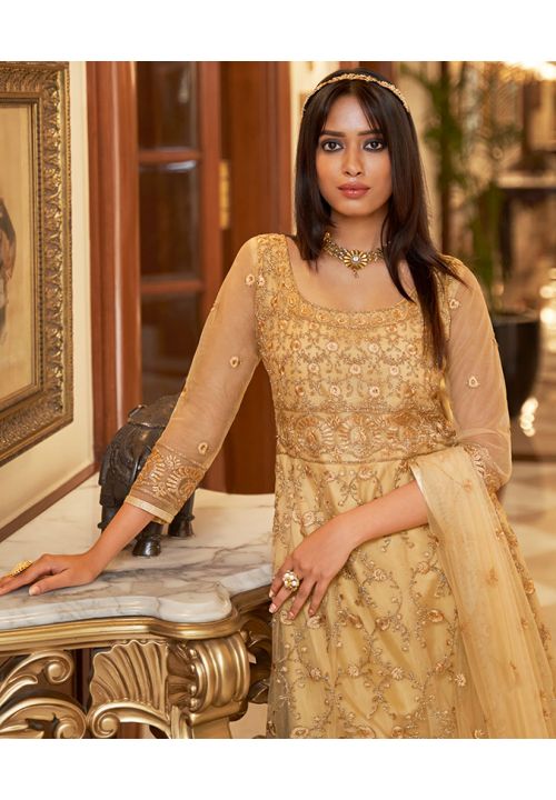 Gold Bridal Net Anarkali Gown With Stone Work SFSA257804 – ShreeFashionWear