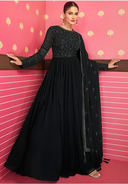 Georgette Black Anarkali Suit with Embroidered - AS3718