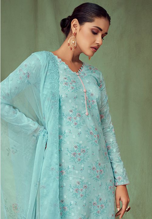 Blue Cotton Jacquard Plus Size Summer Palazzo Suit SFSTL18905 - Siya Fashions