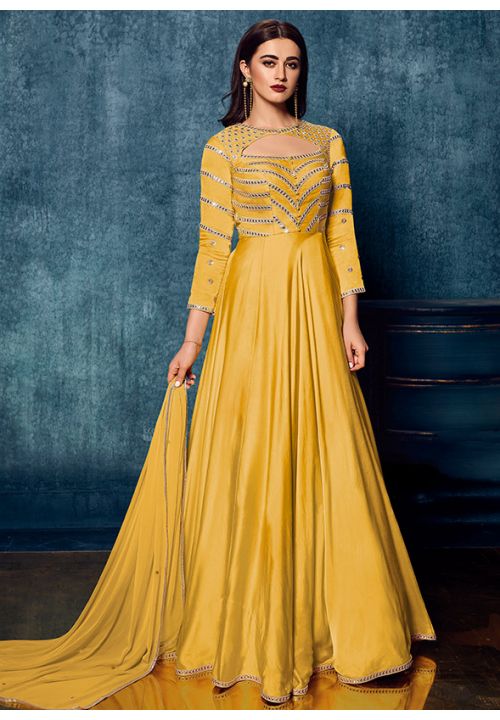 Buy Yellow Satin Party Long Anarkali Suit SFSA310201 - Siya Fashions